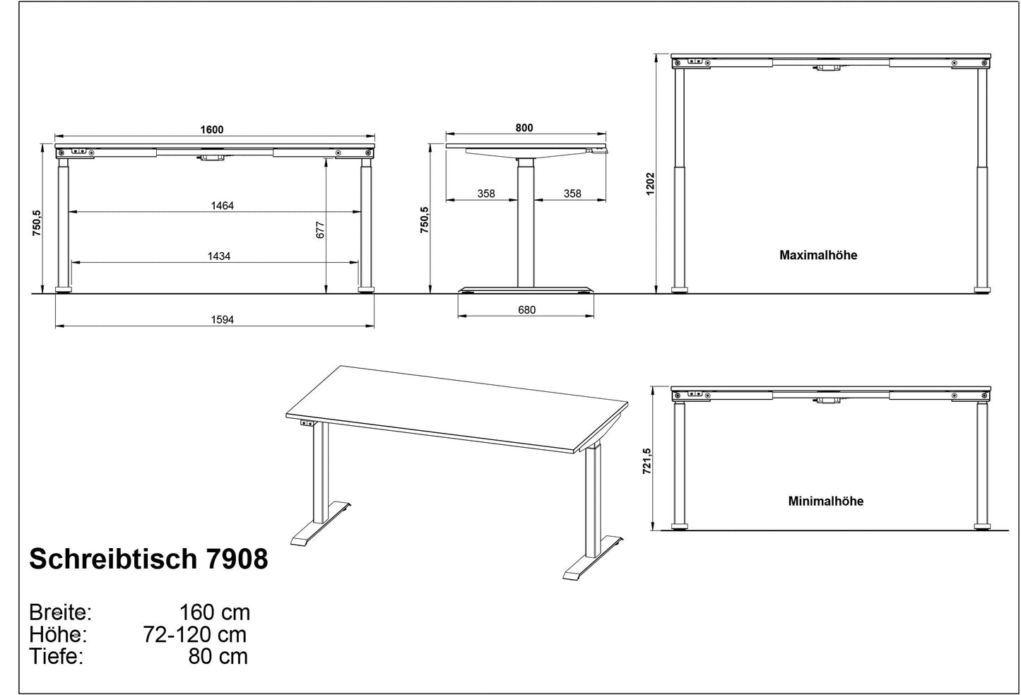 Germania Schreibtisch 7908-582, in Grandson-Eiche-Nb./Schwarz, EL. höhenverstellb., 160 x 120 x 80 cm (BxHxT)