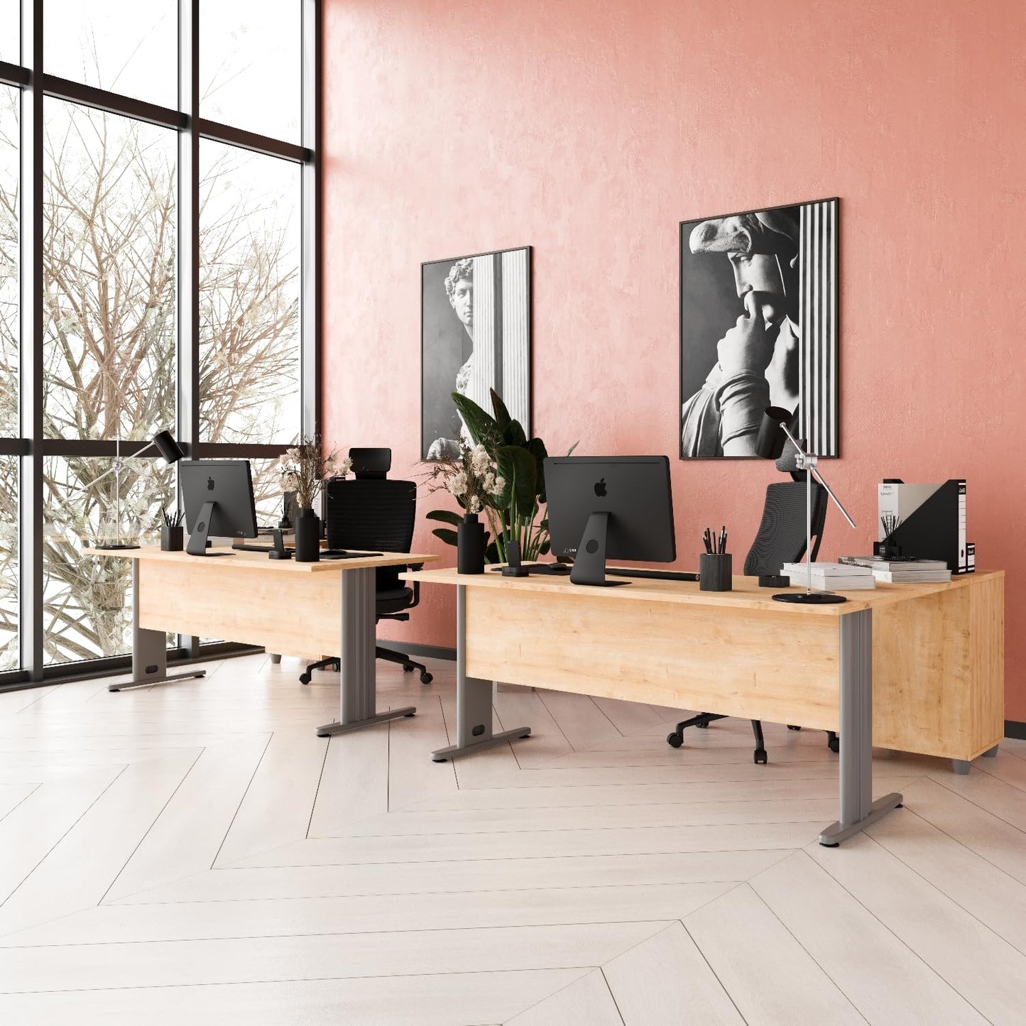 Furni24 Schreibtisch Winkelschreibtisch, Eckschreibtisch, Moderner Bürotisch Computertisch mit großer Arbeitsfläche, Bürotisch,PC Tisch, Dona Eiche 180x120x74cm inkl.Beistellcontainer rechts gewinkelt
