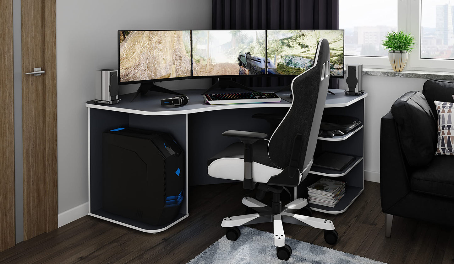 byLIVING Schreibtisch THANATOS / Gaming-Tisch in Anthrazit mit Kanten in Weiß / Eck-Schreibtisch mit viel Stauraum und XXL Tischplatte / Computer-Tisch / PC / Arbeits-Tisch / 198x76x85cm (BxHxT)