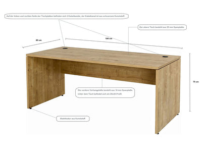 furni24 Schreibtisch fürs Arbeitszimmer und Home Office - Großer laminierter Computertisch aus Holz, 2 Kabeldurchlässe, Bodengleiter, 2-Personen-Arbeitsplatz (Saphir-Eiche, 180x80x75 cm)