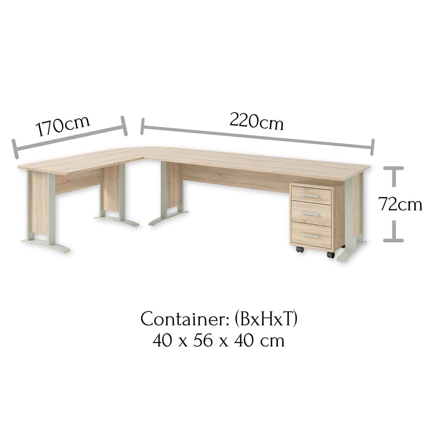 OFFICE LINE Eckschreibtisch in Eiche Sonoma Optik - Moderner Bürotisch Computertisch mit großer Arbeitsfläche und Rollcontainer - 220/170 x 72 x 70 cm (B/H/T)
