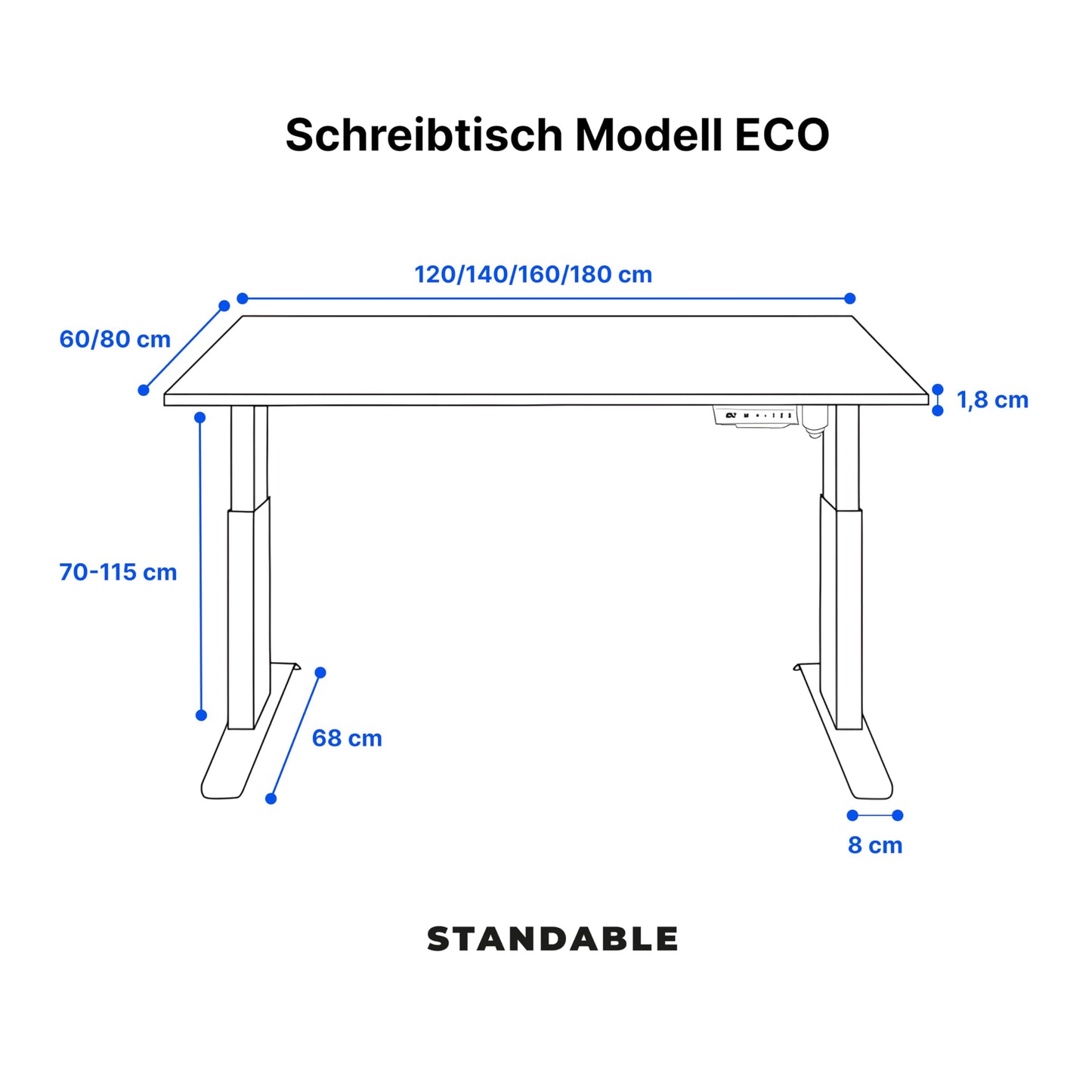Standable ECO Höhenverstellbarer Schreibtisch 140 x 60 cm I elektrischer Office Table mit 3 Speicherstufen I Schreibtisch höheneinstellbar 70-115 cm I Büro-Tisch mit 1,8 cm Dicke