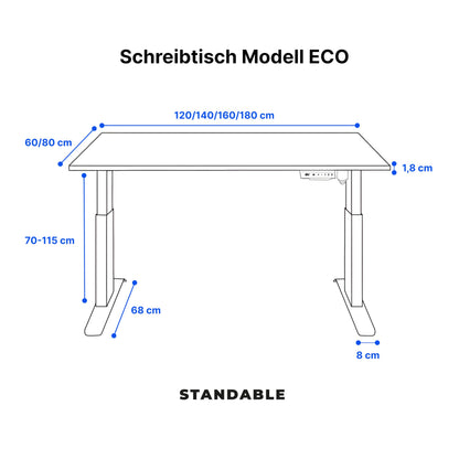 Standable ECO Höhenverstellbarer Schreibtisch 140 x 60 cm I elektrischer Office Table mit 3 Speicherstufen I Schreibtisch höheneinstellbar 70-115 cm I Büro-Tisch mit 1,8 cm Dicke