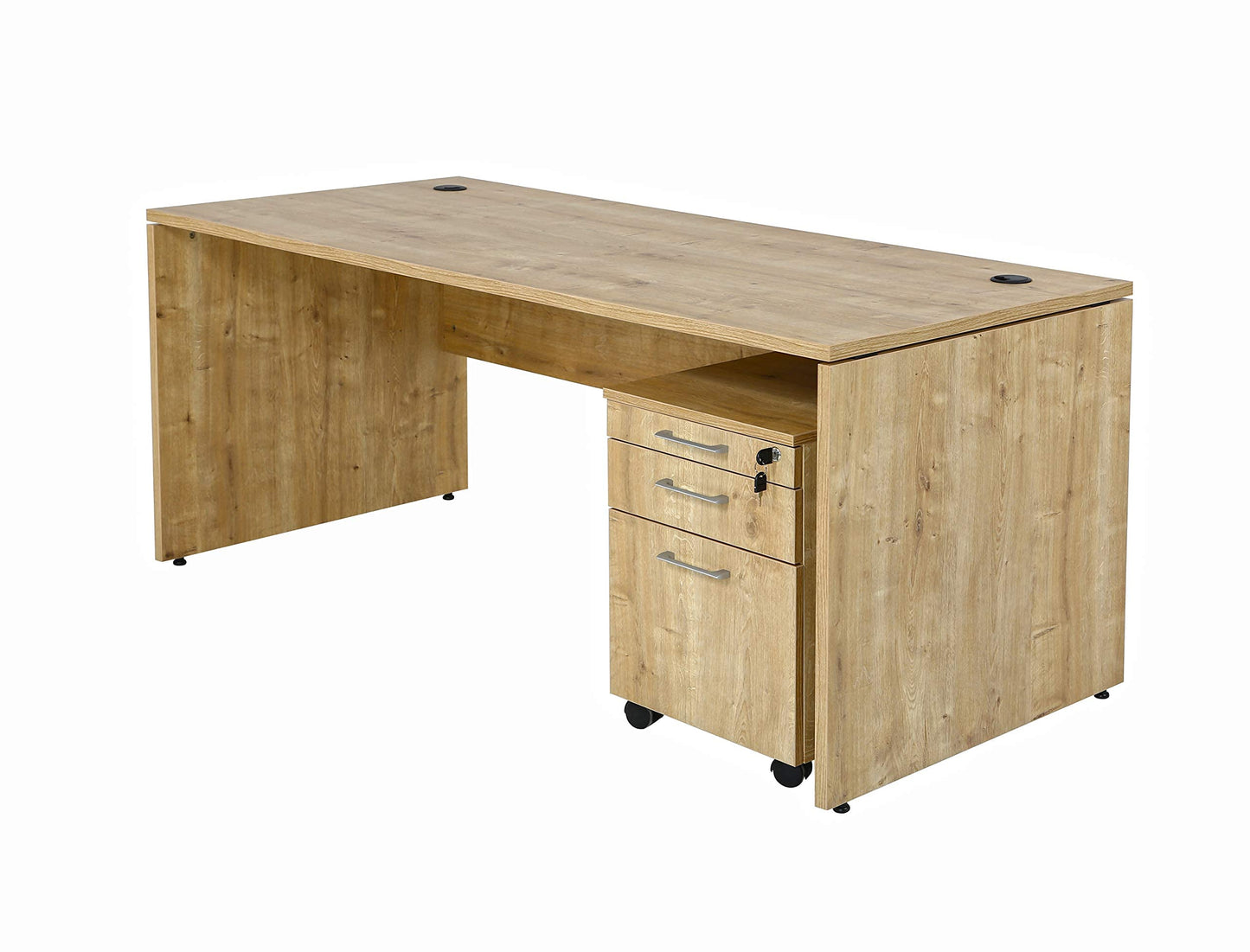 furni24 Schreibtisch fürs Arbeitszimmer und Home Office - Großer laminierter Computertisch aus Holz, 2 Kabeldurchlässe, Bodengleiter, 2-Personen-Arbeitsplatz (Saphir-Eiche, 180x80x75 cm)
