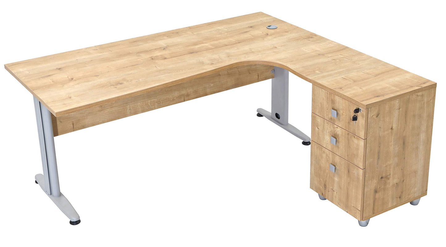 Furni24 Schreibtisch Winkelschreibtisch, Eckschreibtisch, Moderner Bürotisch Computertisch mit großer Arbeitsfläche, Bürotisch,PC Tisch, Dona Eiche 180x120x74cm inkl.Beistellcontainer rechts gewinkelt