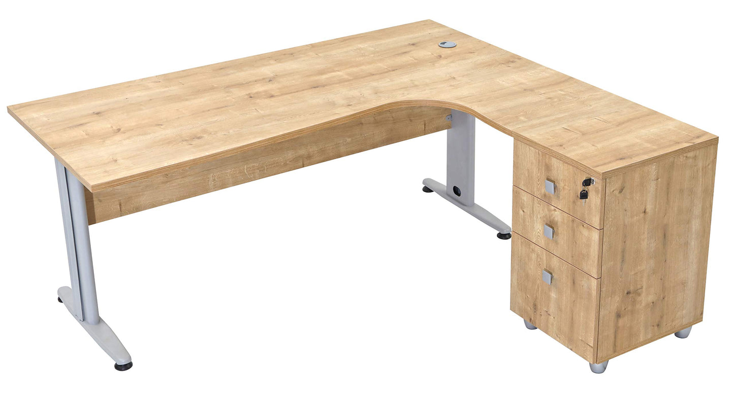 Furni24 Schreibtisch Winkelschreibtisch, Eckschreibtisch, Moderner Bürotisch Computertisch mit großer Arbeitsfläche, Bürotisch,PC Tisch, Dona Eiche 180x120x74cm inkl.Beistellcontainer rechts gewinkelt
