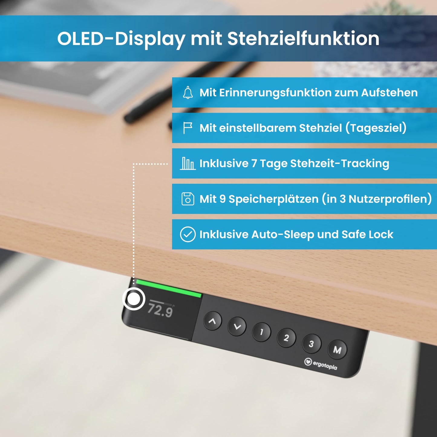 Ergotopia Desktopia Pro X Elektrisch höhenverstellbarer Schreibtisch, Ergonomischer Stehtisch für Büro oder Home Office (Buche, Gestell Schwarz, 120 x 80 cm)