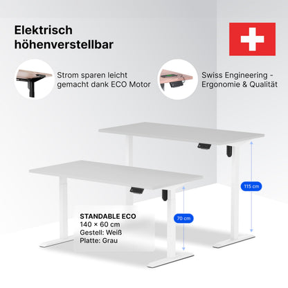 Standable ECO Höhenverstellbarer Schreibtisch 140 x 60 cm I elektrischer Office Table mit 3 Speicherstufen I Schreibtisch höheneinstellbar 70-115 cm I Büro-Tisch mit 1,8 cm Dicke