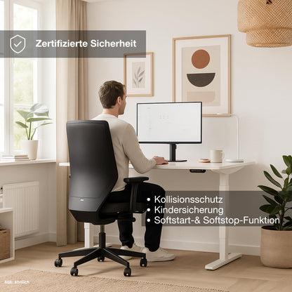 ASSMANN Elektrisch Höhenverstellbarer Familien Schreibtisch Pitino Curved 160x80cm Sand Weiß, TÜV-Zertifiziert, Kollisionsschutz, 5 Jahre Herstellergarantie einfache Montage für Büro und Homeoffice