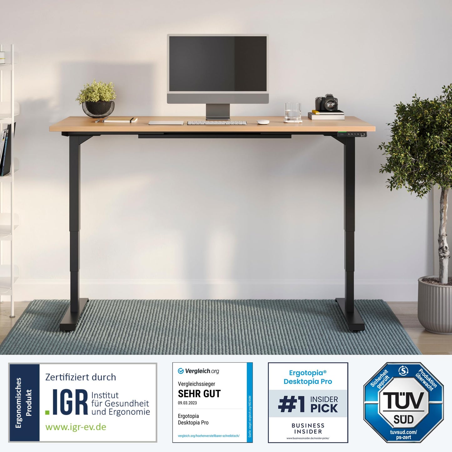 Ergotopia Desktopia Pro X Elektrisch höhenverstellbarer Schreibtisch, Ergonomischer Stehtisch für Büro oder Home Office (Buche, Gestell Schwarz, 120 x 80 cm)